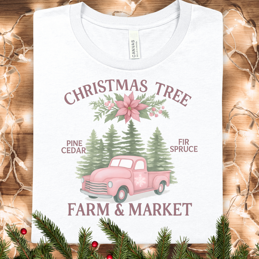 Christmas Tree Farm & Market Tee — Pink Truck Holiday T-Shirt