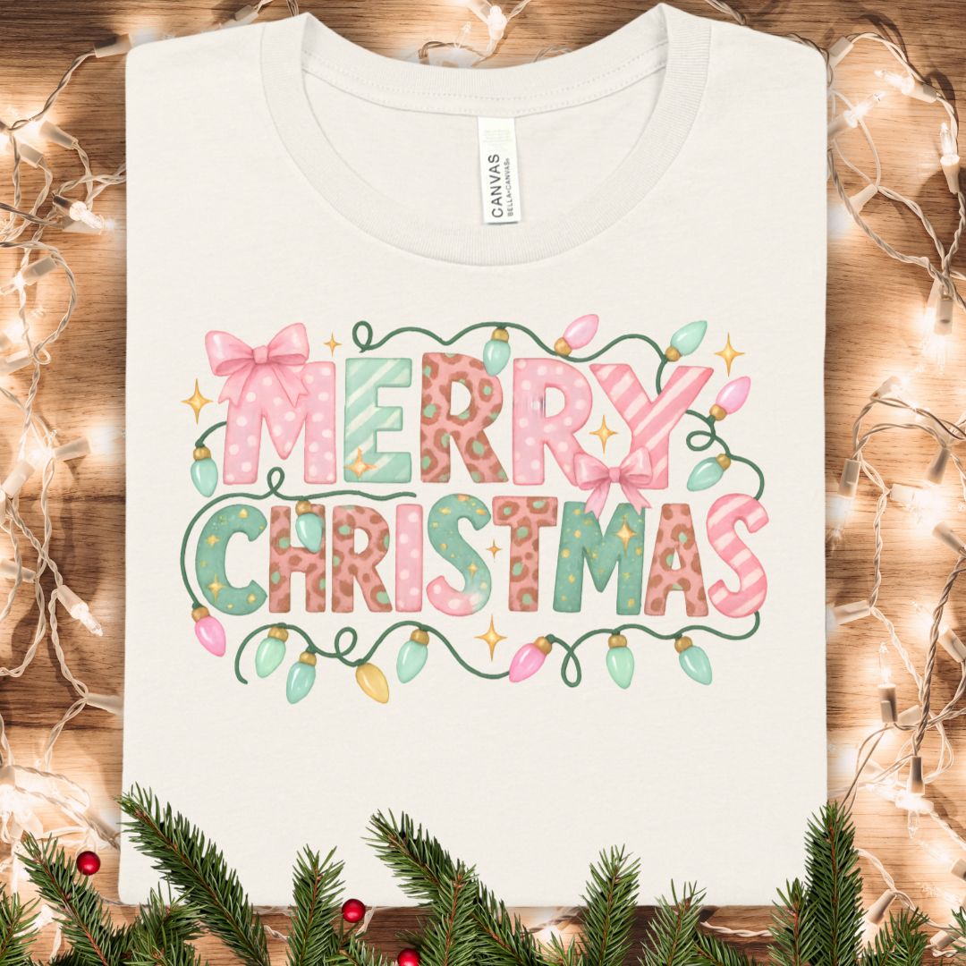 Merry Christmas Graphic Tee — Festive Holiday Lights & Bow Tee