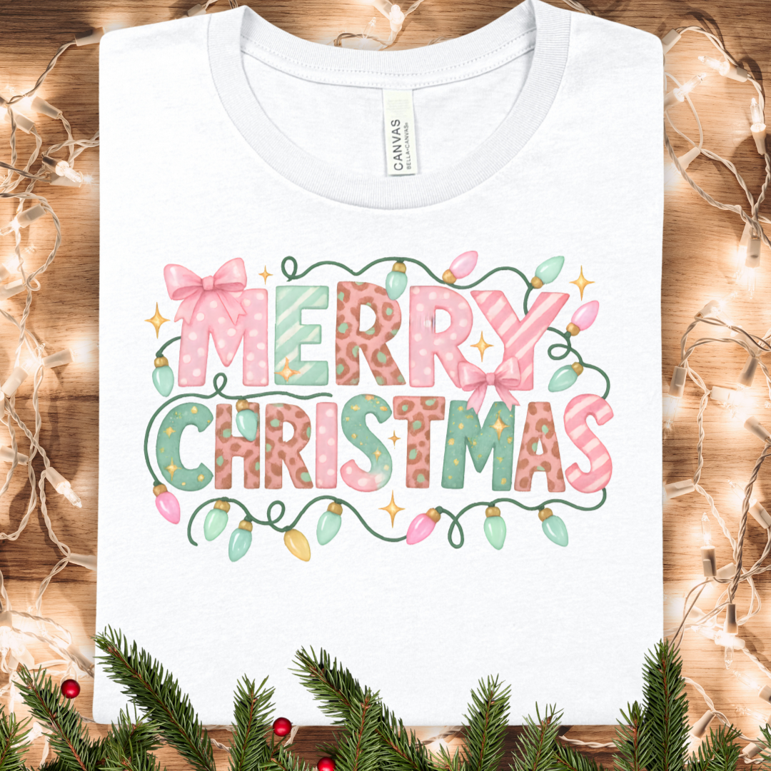 Merry Christmas Graphic Tee — Festive Holiday Lights & Bow Tee