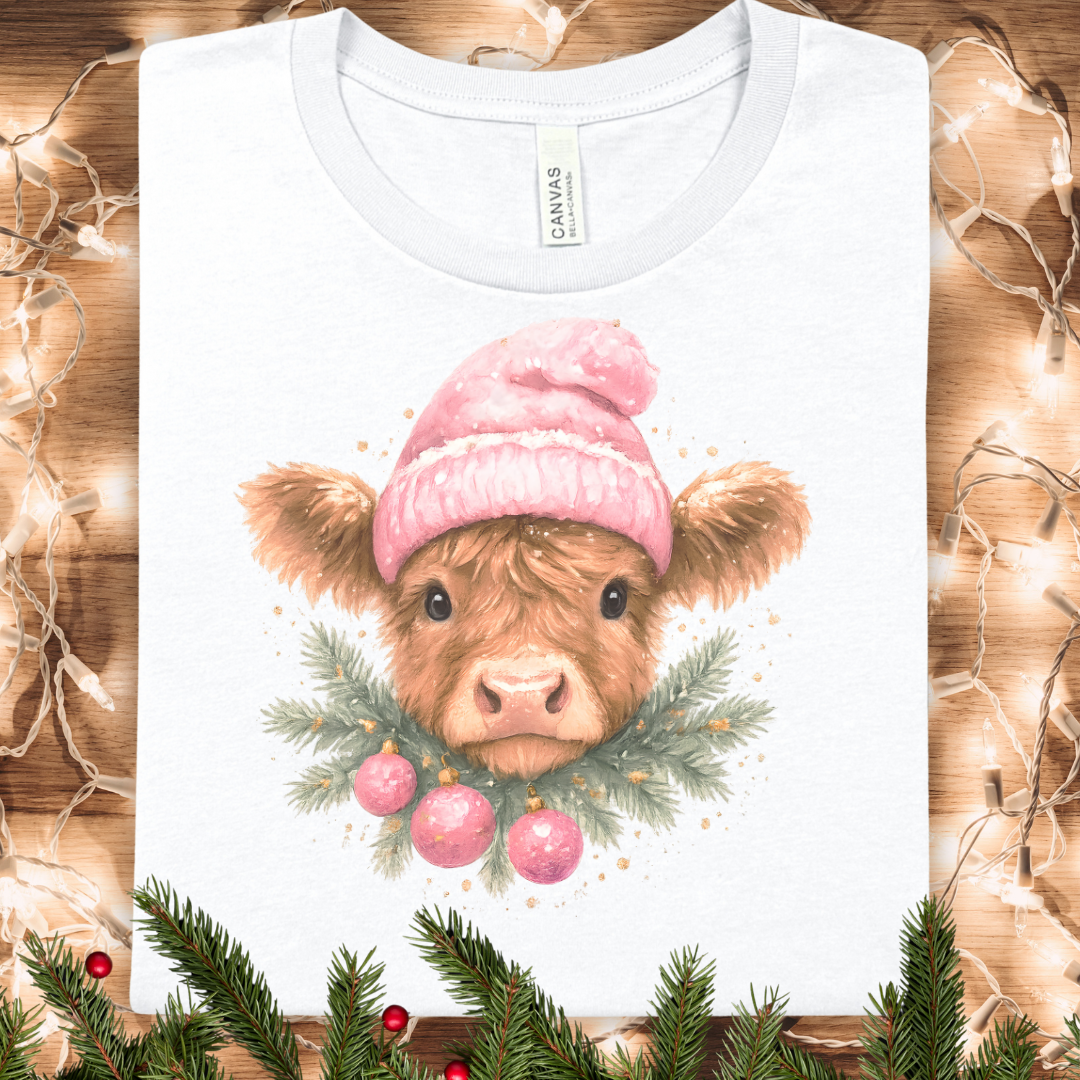 Cute Highland Cow Christmas Tee — Pink Beanie Cow with Ornaments