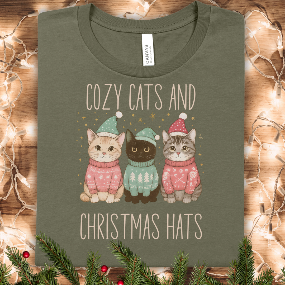 Cozy Cats and Christmas Hats T-Shirt — Cute Holiday Cat Sweater Tee