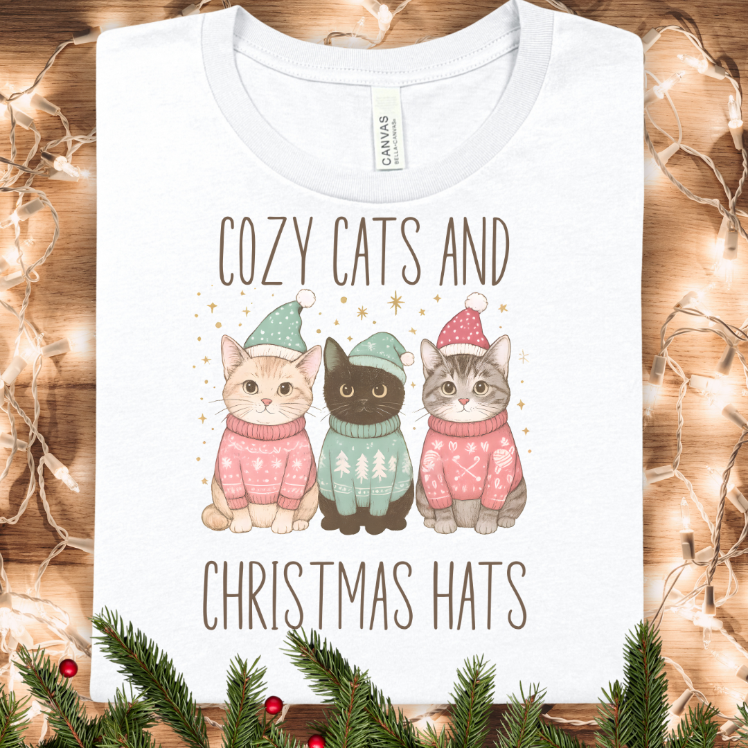 Cozy Cats and Christmas Hats T-Shirt — Cute Holiday Cat Sweater Tee