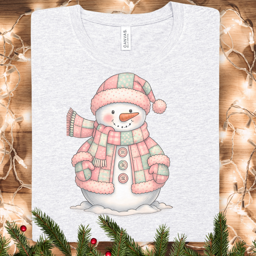 Snowman Patchwork Graphic Tee — Cute Pastel Winter Snowman T-Shirt