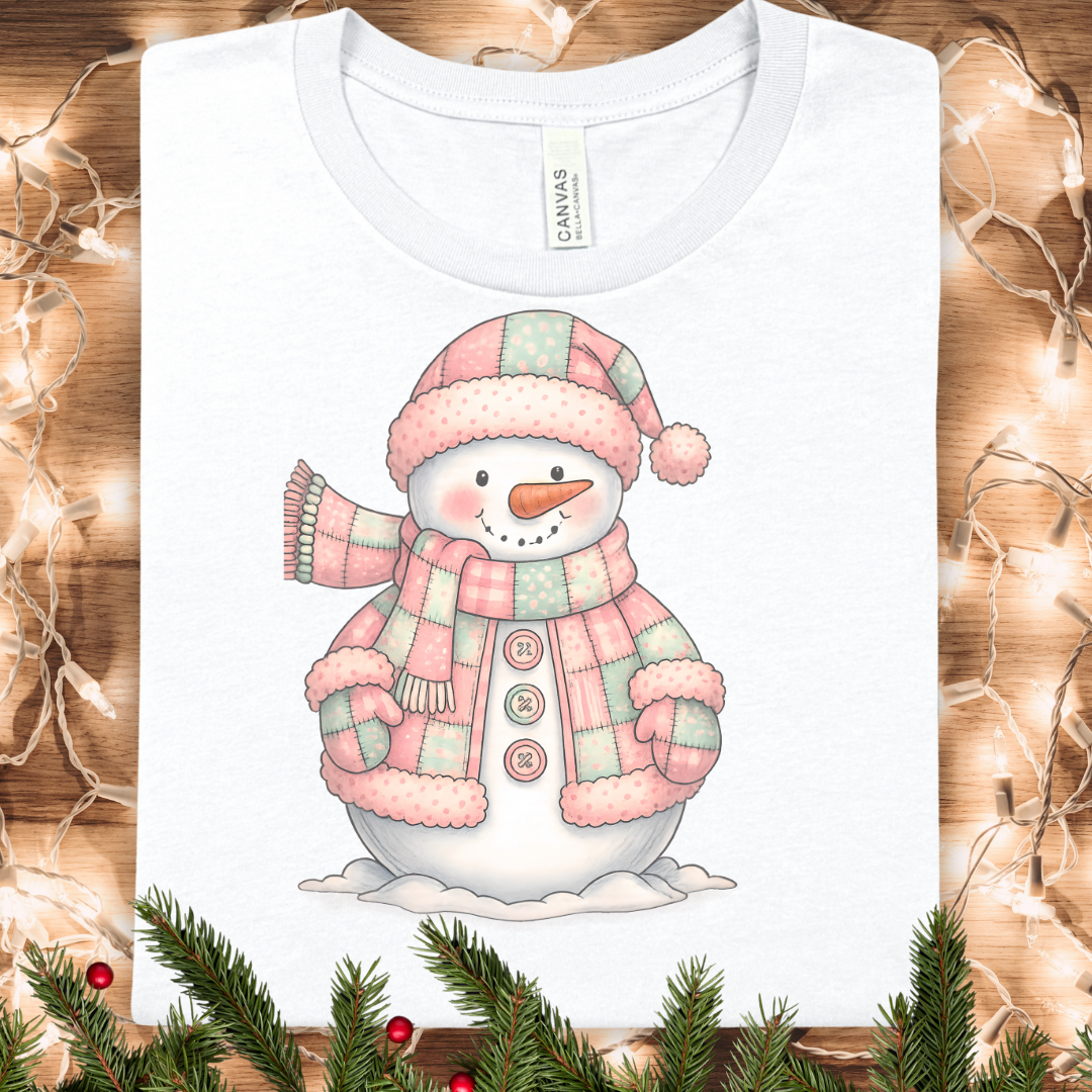 Snowman Patchwork Graphic Tee — Cute Pastel Winter Snowman T-Shirt