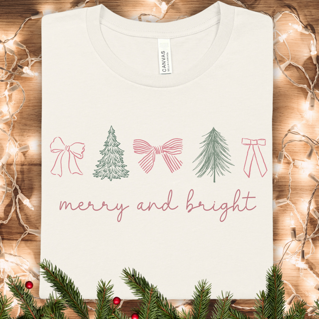 Merry and Bright Christmas Tee Coquette Bow and Trees