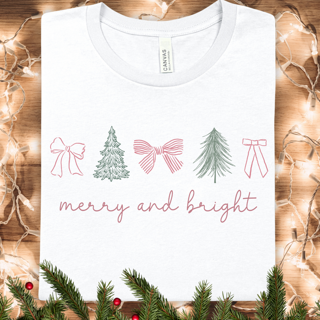 Merry and Bright Christmas Tee Coquette Bow and Trees