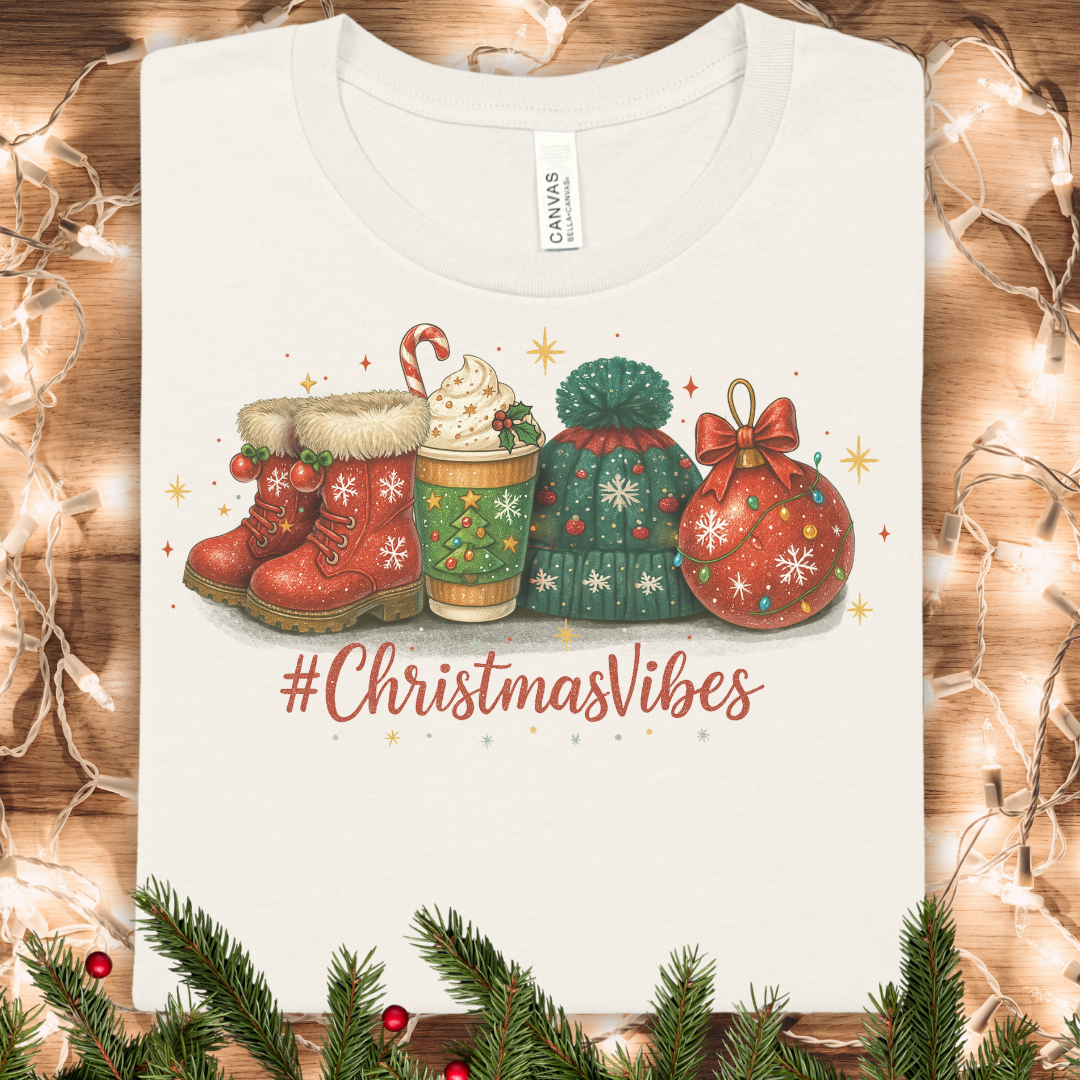 Christmas Vibes T-Shirt — Holiday Stockings & Cocoa Graphic Tee