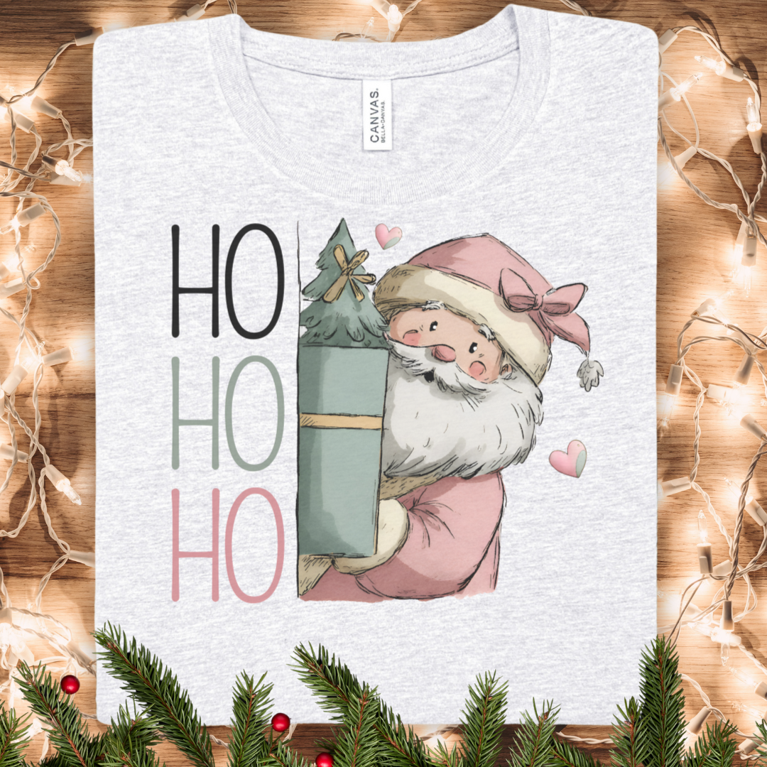 Sneaking Santa Christmas Tee — HO HO HO Cute Pastel Santa Holding Gift