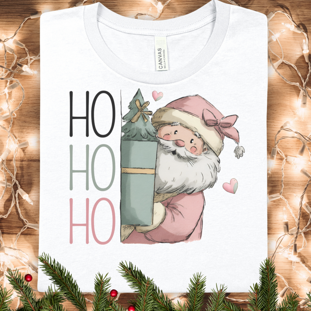 Sneaking Santa Christmas Tee — HO HO HO Cute Pastel Santa Holding Gift