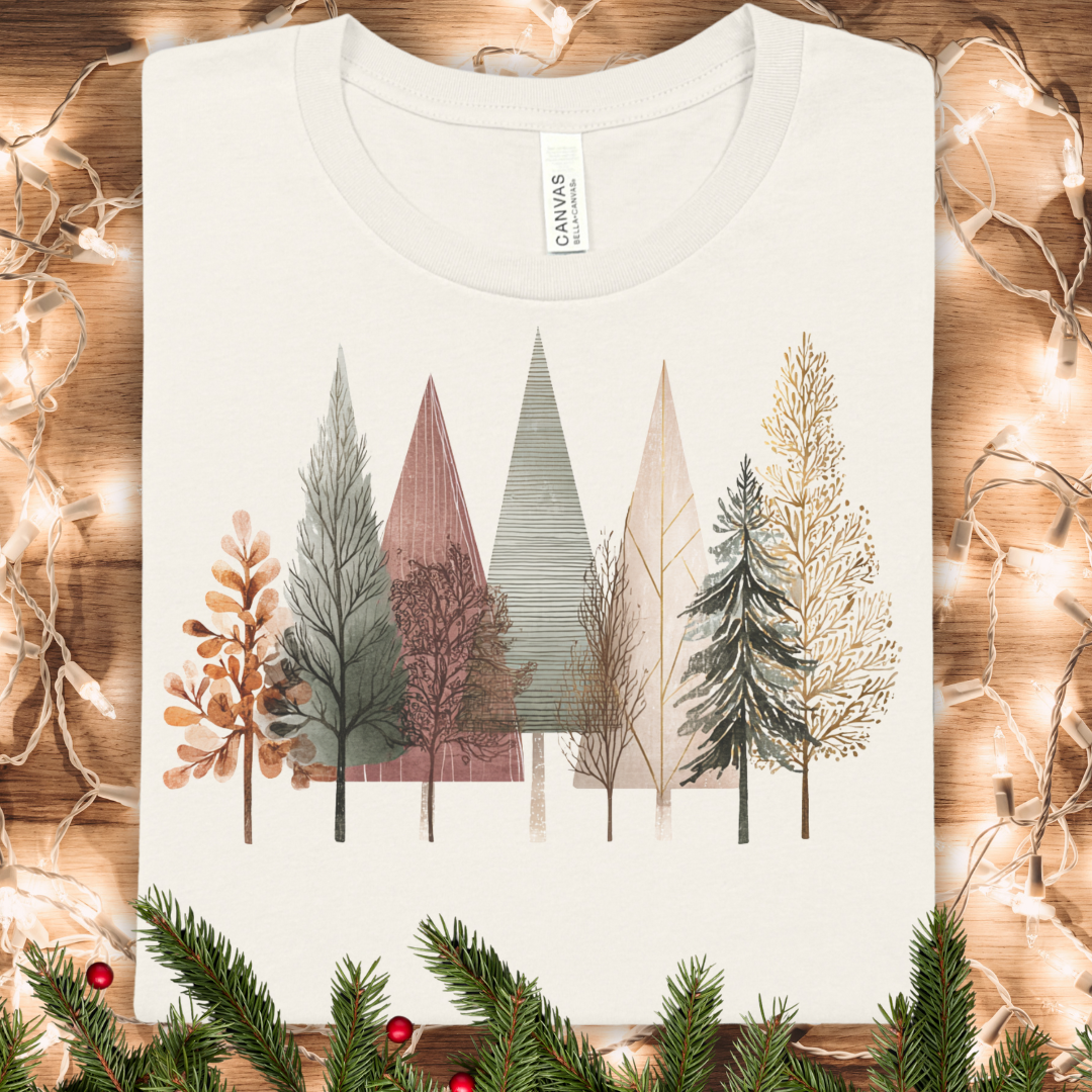 Forest Lineup Tee — Neutral Winter Watercolor Tree Graphic T-Shirt