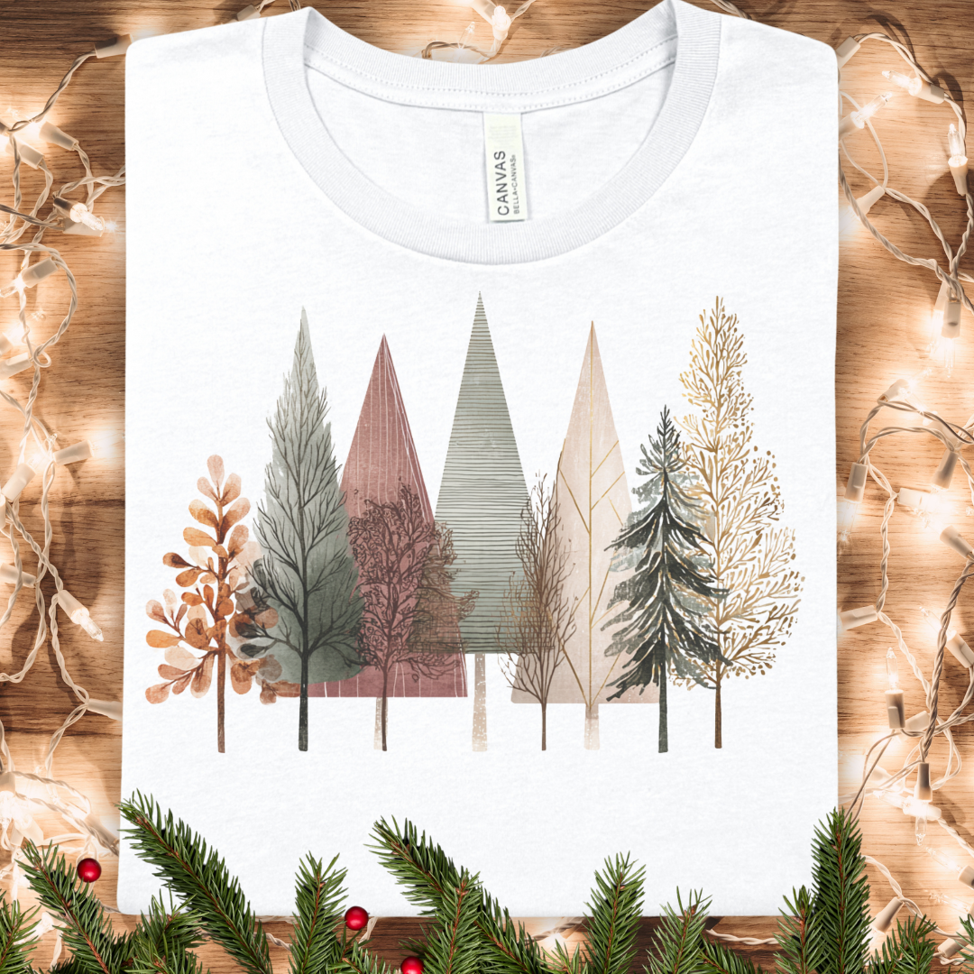 Forest Lineup Tee — Neutral Winter Watercolor Tree Graphic T-Shirt
