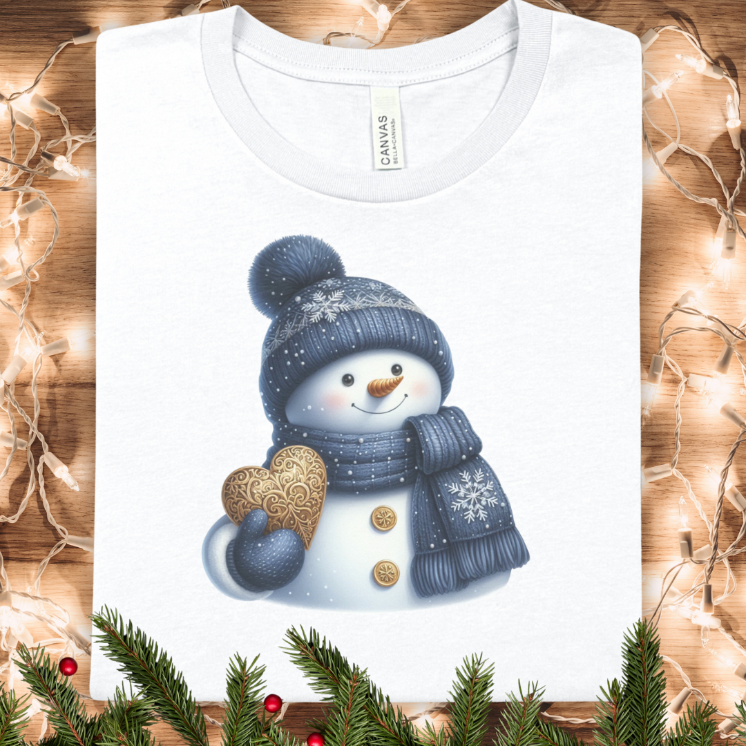 Snowman Holding Heart T‑Shirt — Cute Winter Holiday Tee
