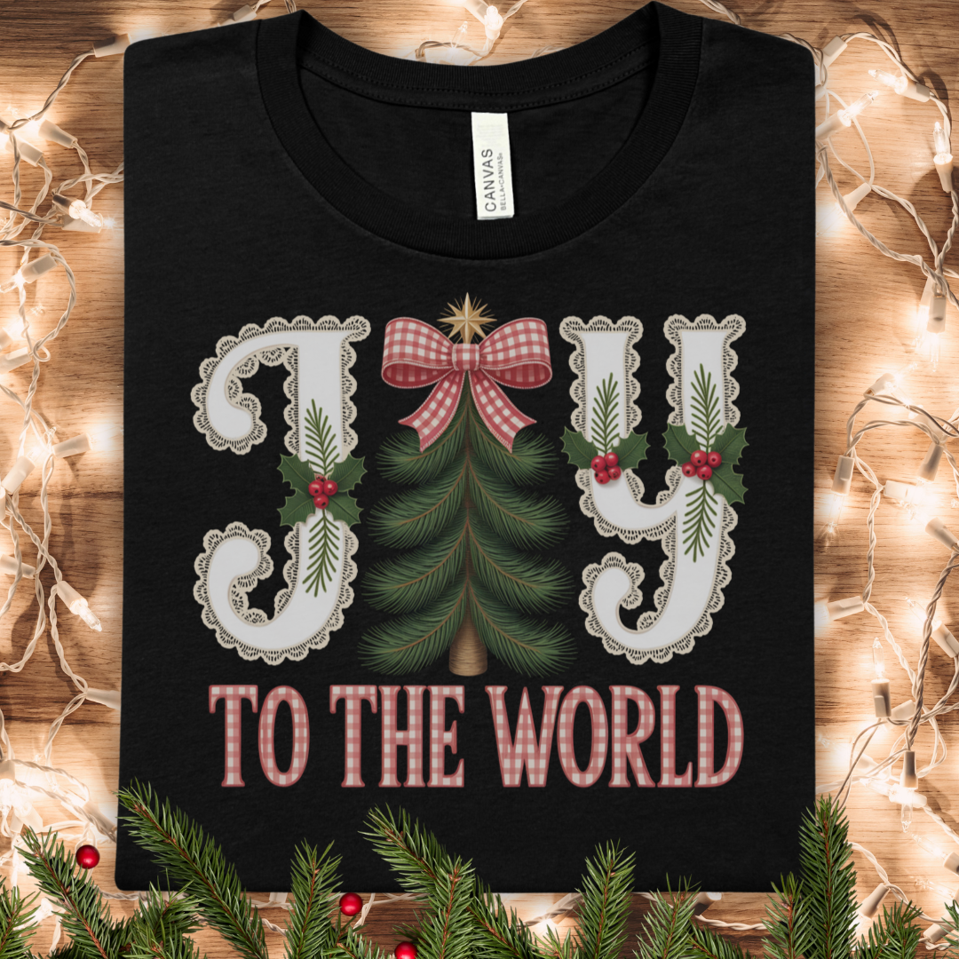 Joy to the World Christmas Tee — Festive Holiday Tree & Ribbon Shirt