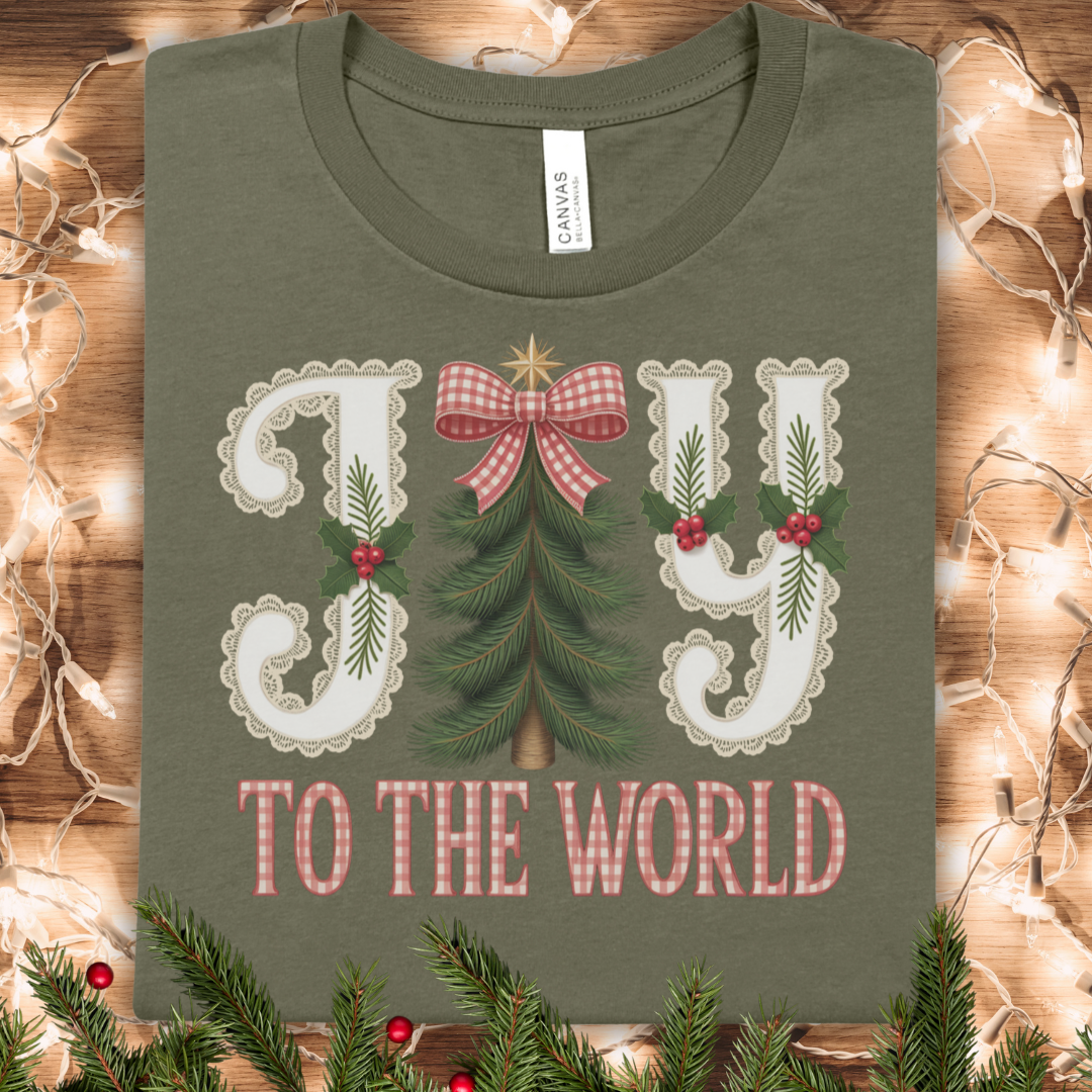 Joy to the World Christmas Tee — Festive Holiday Tree & Ribbon Shirt