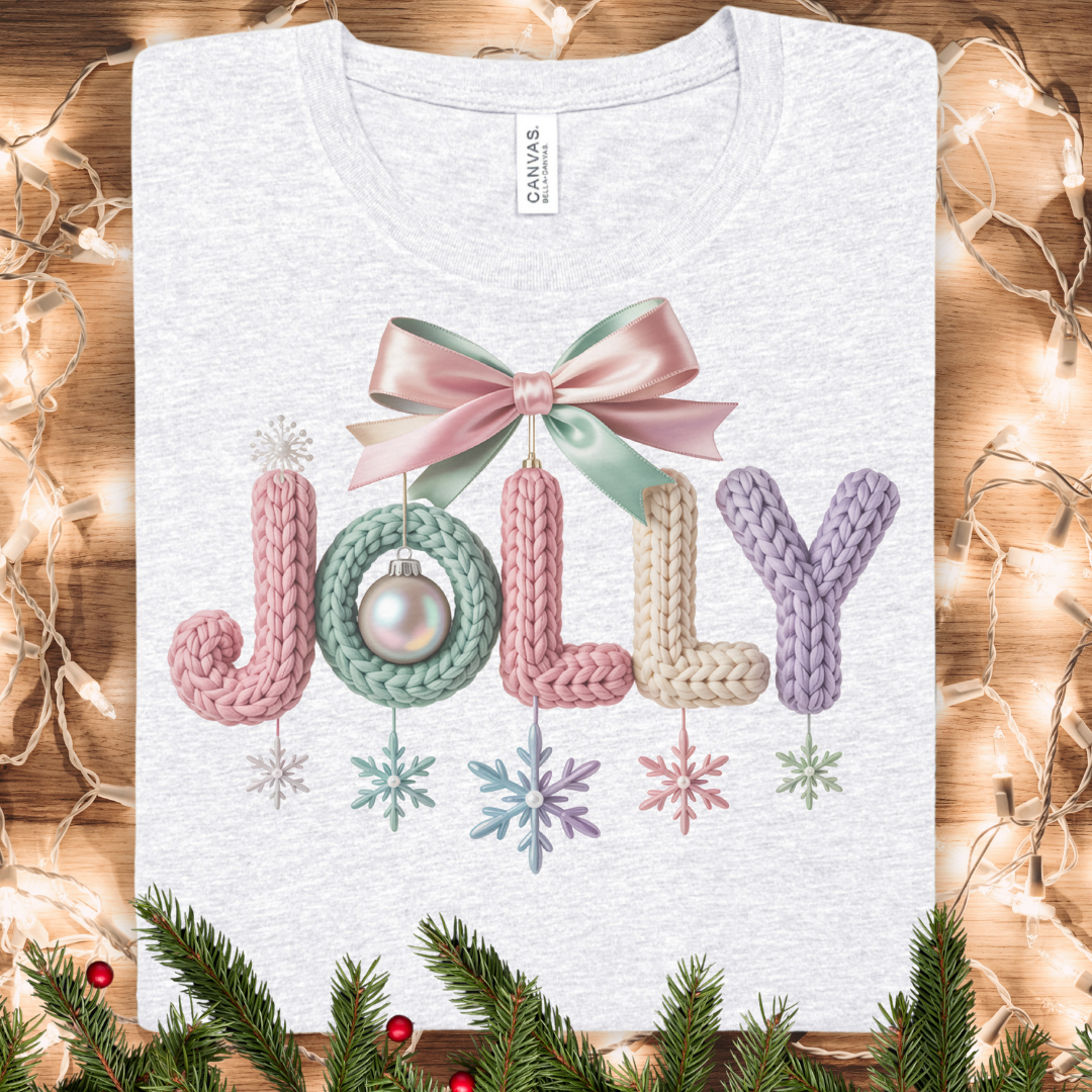 Jolly Holiday Tee – Pastel FAUX Knit Ornament Christmas T‑Shirt