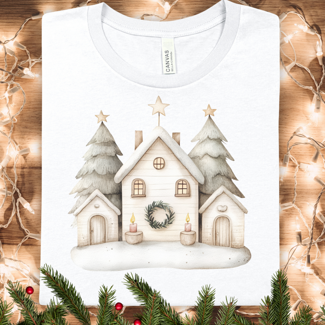 Christmas Cottage Tee — Cozy Winter Village Holiday T-Shirt
