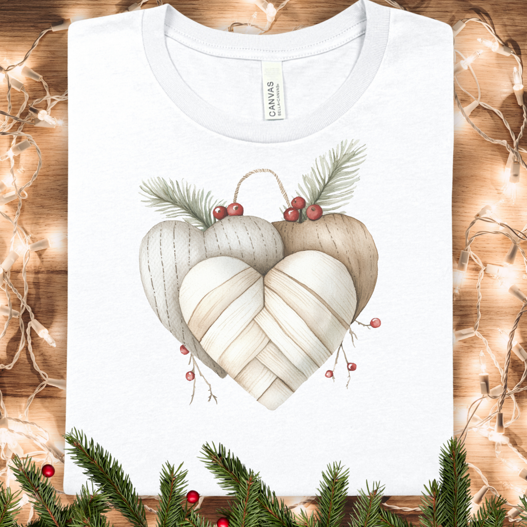 Cozy Neutral Christmas Heart T-Shirt — Rustic Farmhouse Holiday Tee