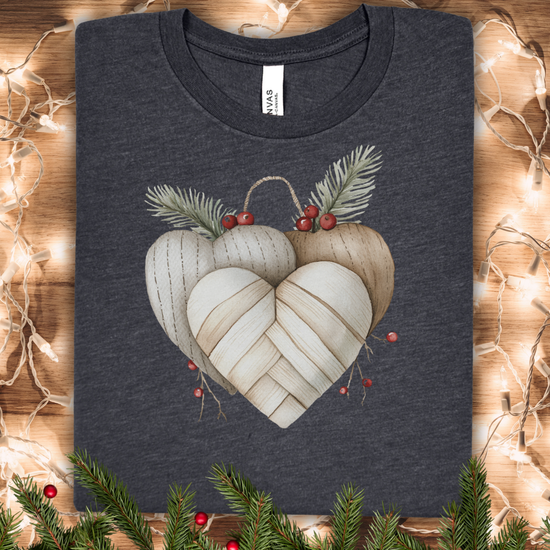 Cozy Neutral Christmas Heart T-Shirt — Rustic Farmhouse Holiday Tee
