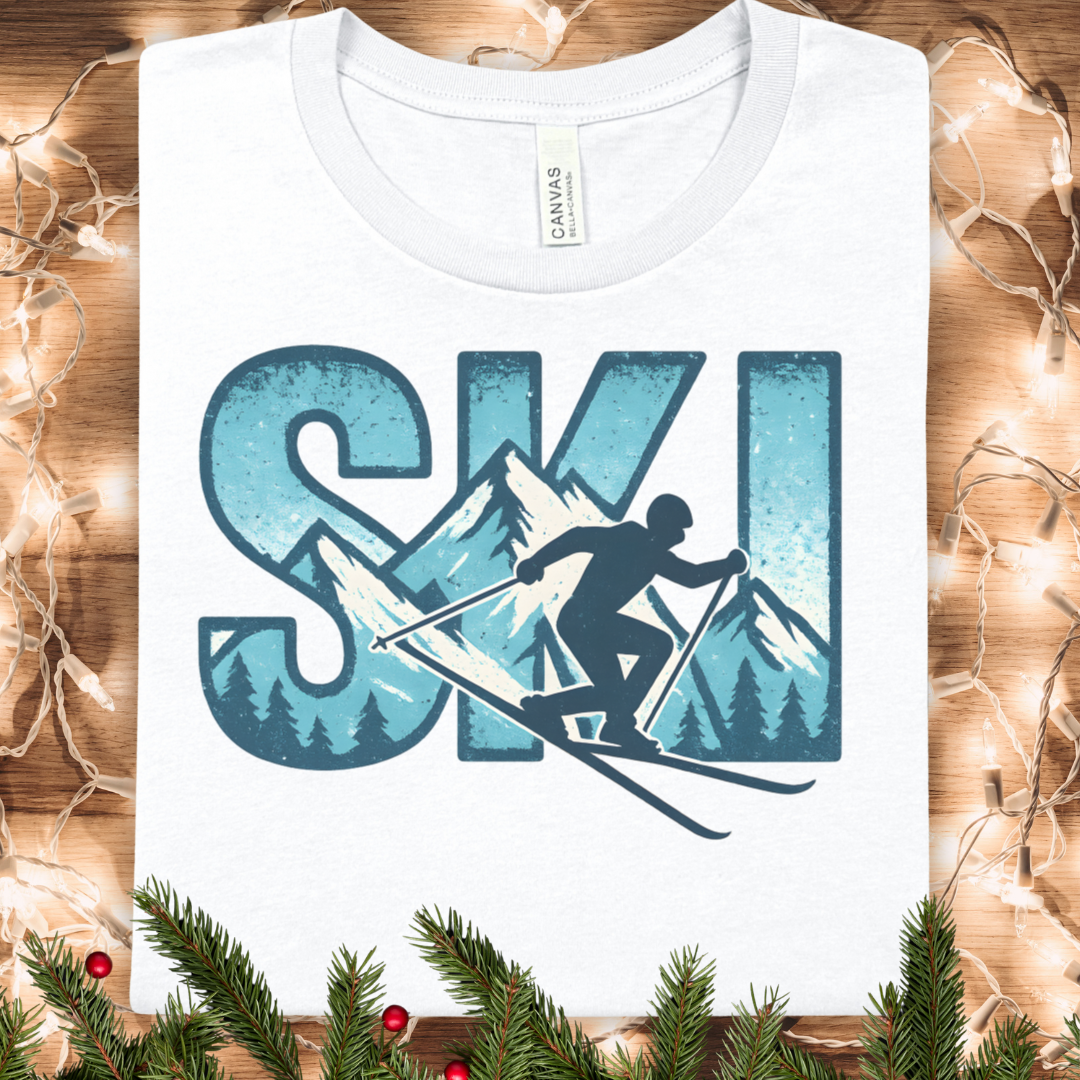 Ski Mountains Graphic Tee — Skiing Silhouette Adventure T‑Shirt
