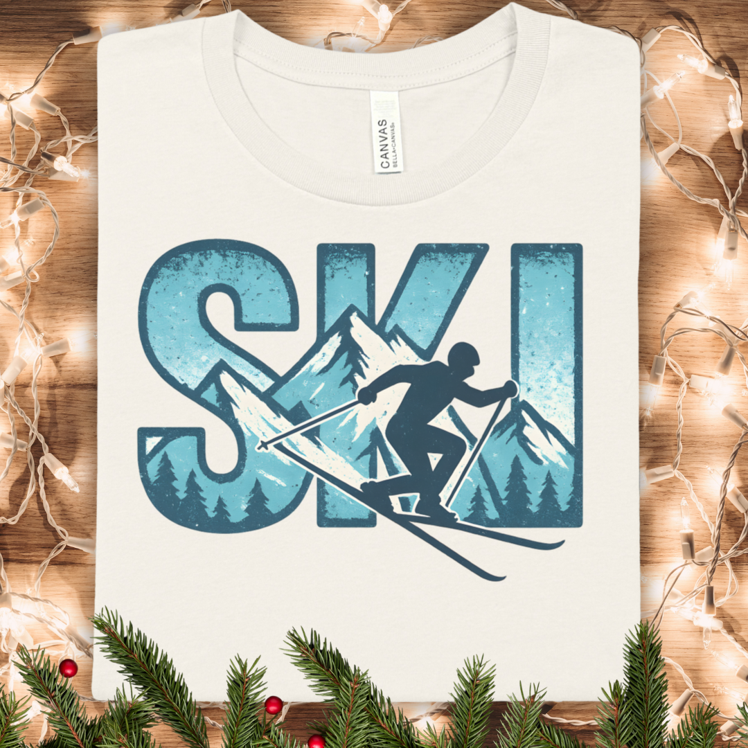 Ski Mountains Graphic Tee — Skiing Silhouette Adventure T‑Shirt