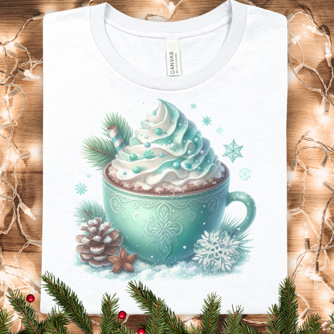 Winter Cocoa Tee — Mint Hot Chocolate Cup Graphic T-Shirt