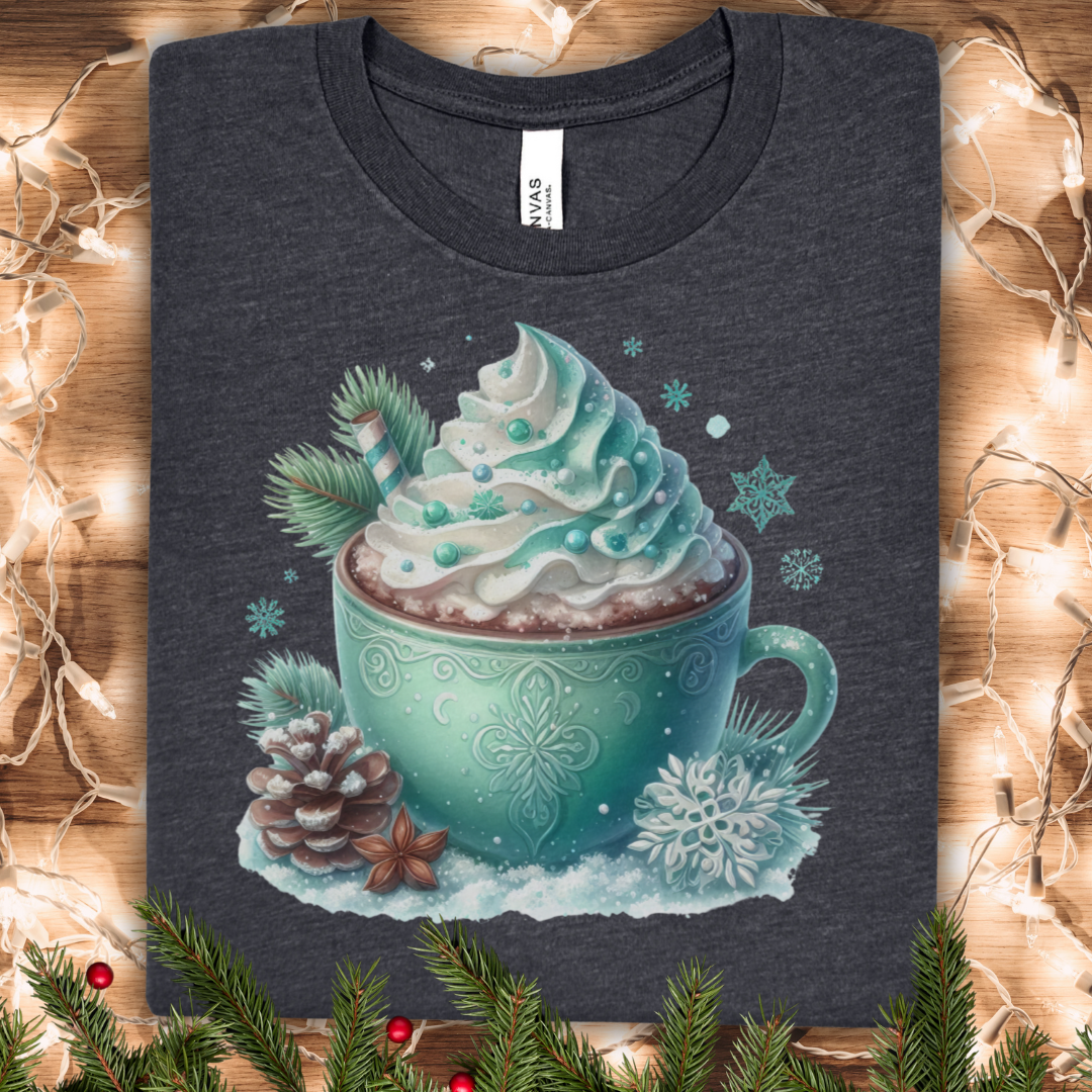 Winter Cocoa Tee — Mint Hot Chocolate Cup Graphic T-Shirt