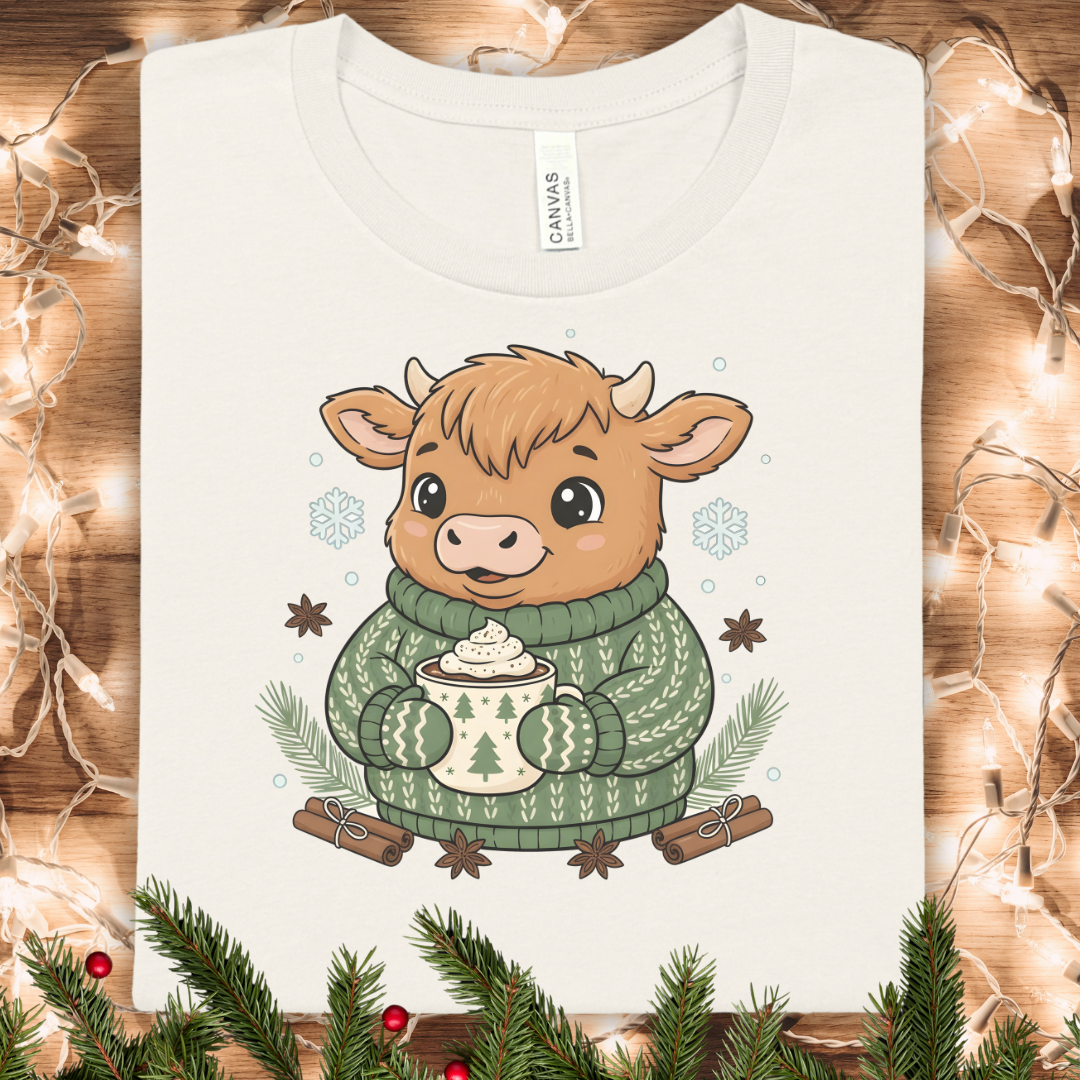 Cute Highland Cow Holding Hot Cocoa — Holiday Graphic Tee