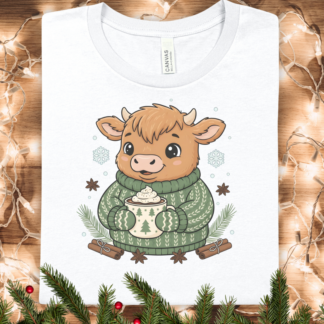 Cute Highland Cow Holding Hot Cocoa — Holiday Graphic Tee