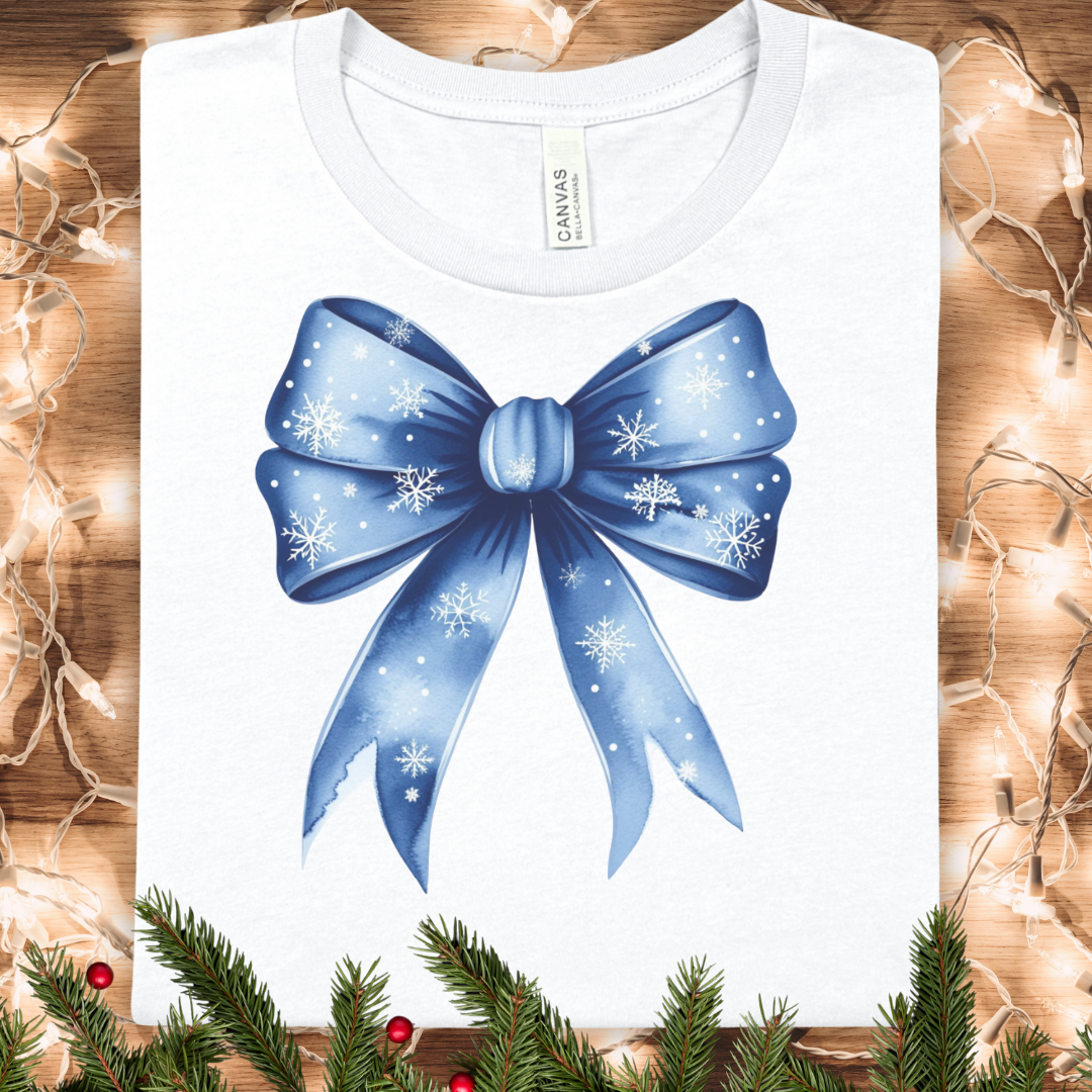 Blue Coquette Snowflake Bow Tee — Holiday Gift Ribbon T-Shirt
