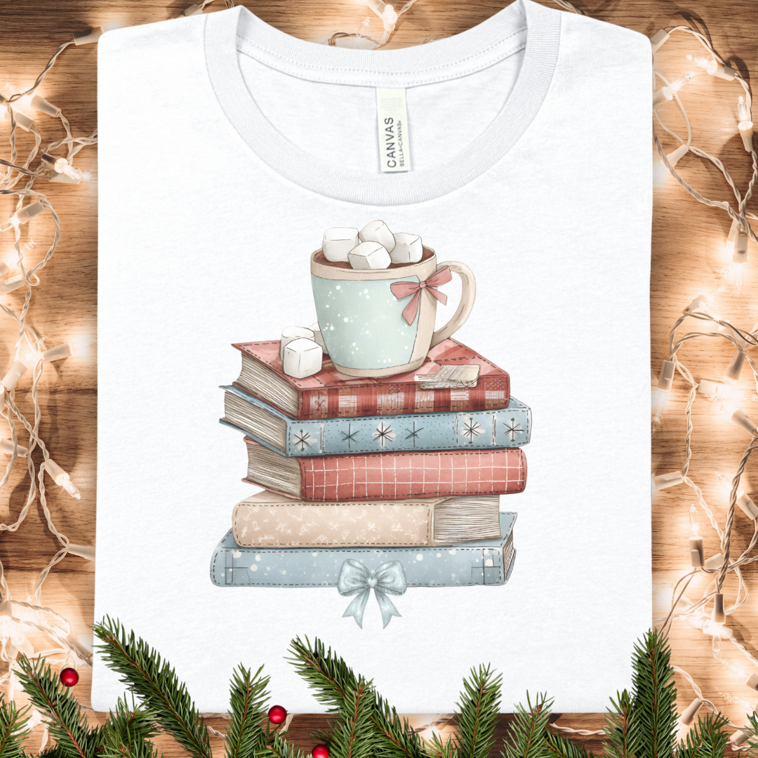 Cozy Books & Hot Cocoa Winter T‑Shirt — Cute Reading Stack Graphic Tee