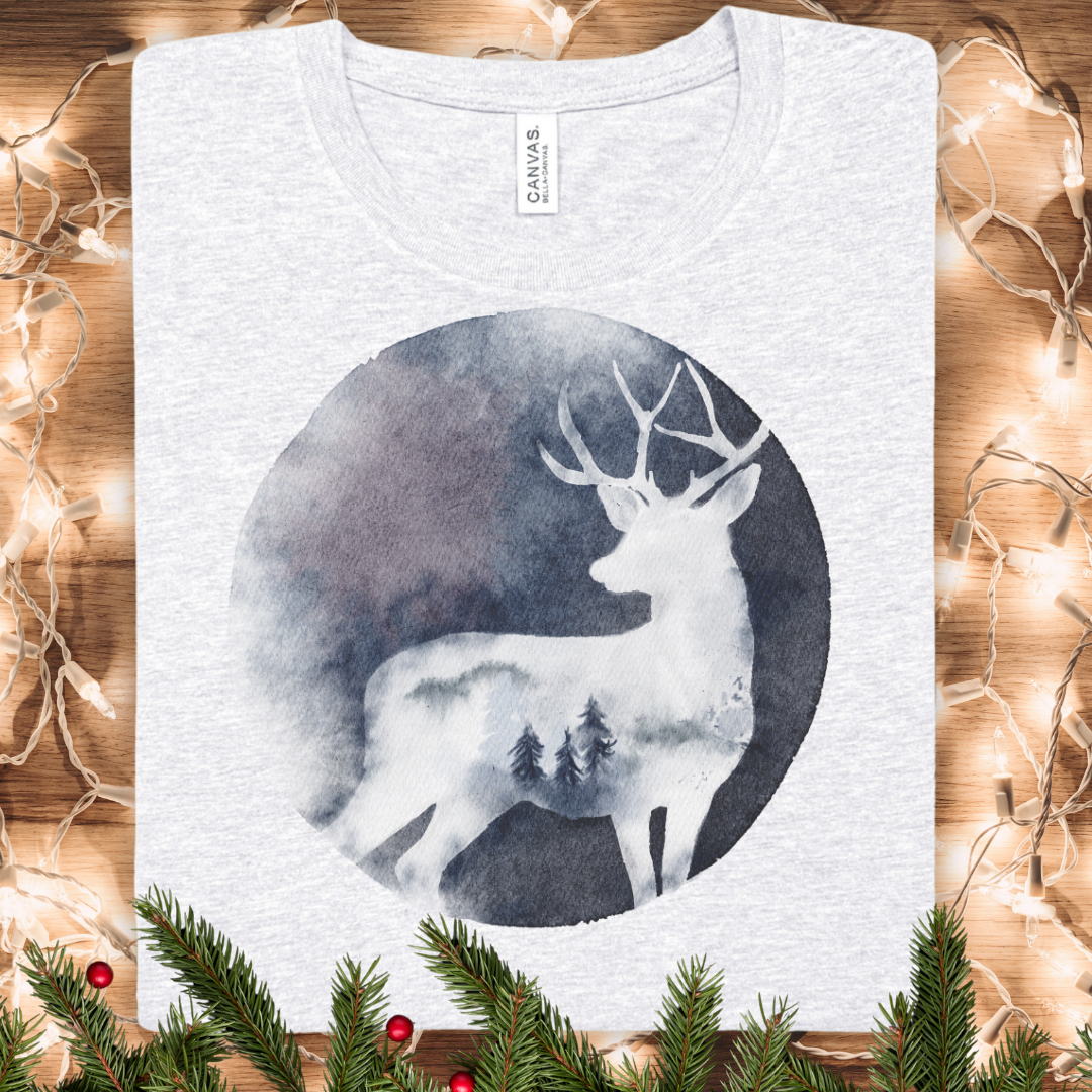 Stag Moon Watercolor Winter T‑Shirt — Deer Silhouette Forest Graphic Tee