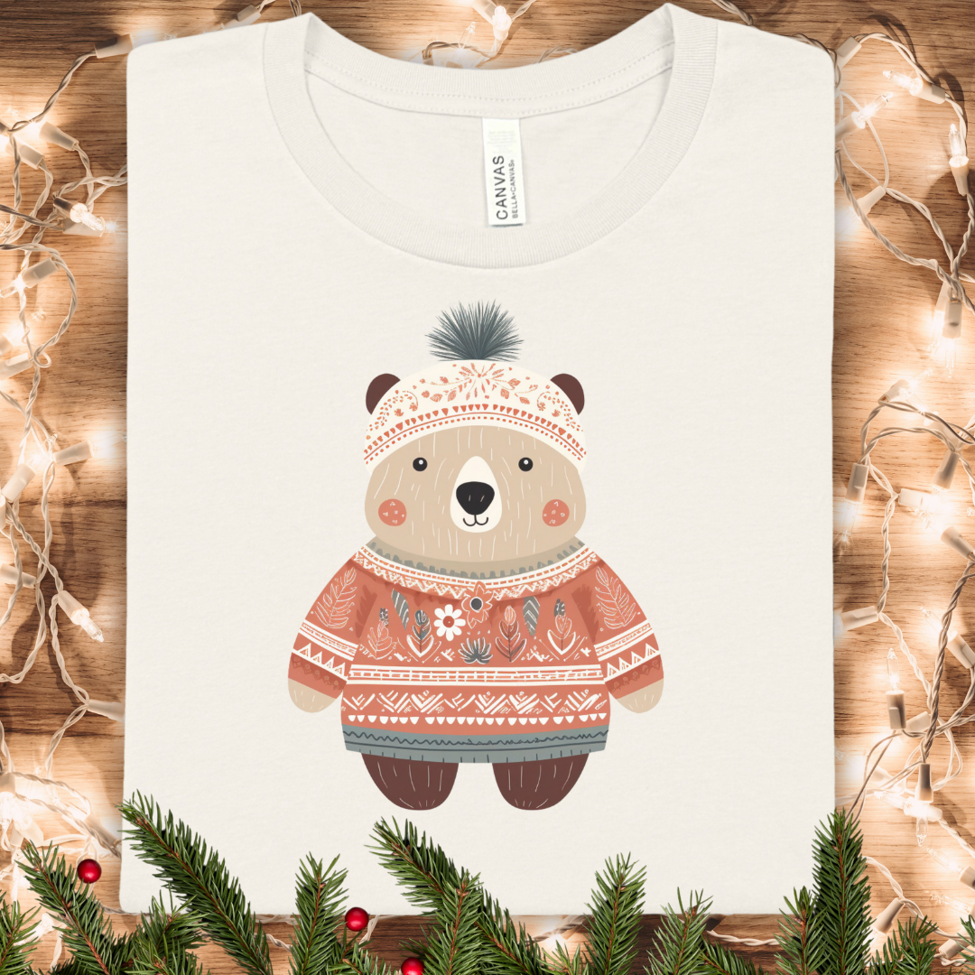 Bear in Cozy Sweater T-Shirt — Cute Winter Woodland Graphic Tee