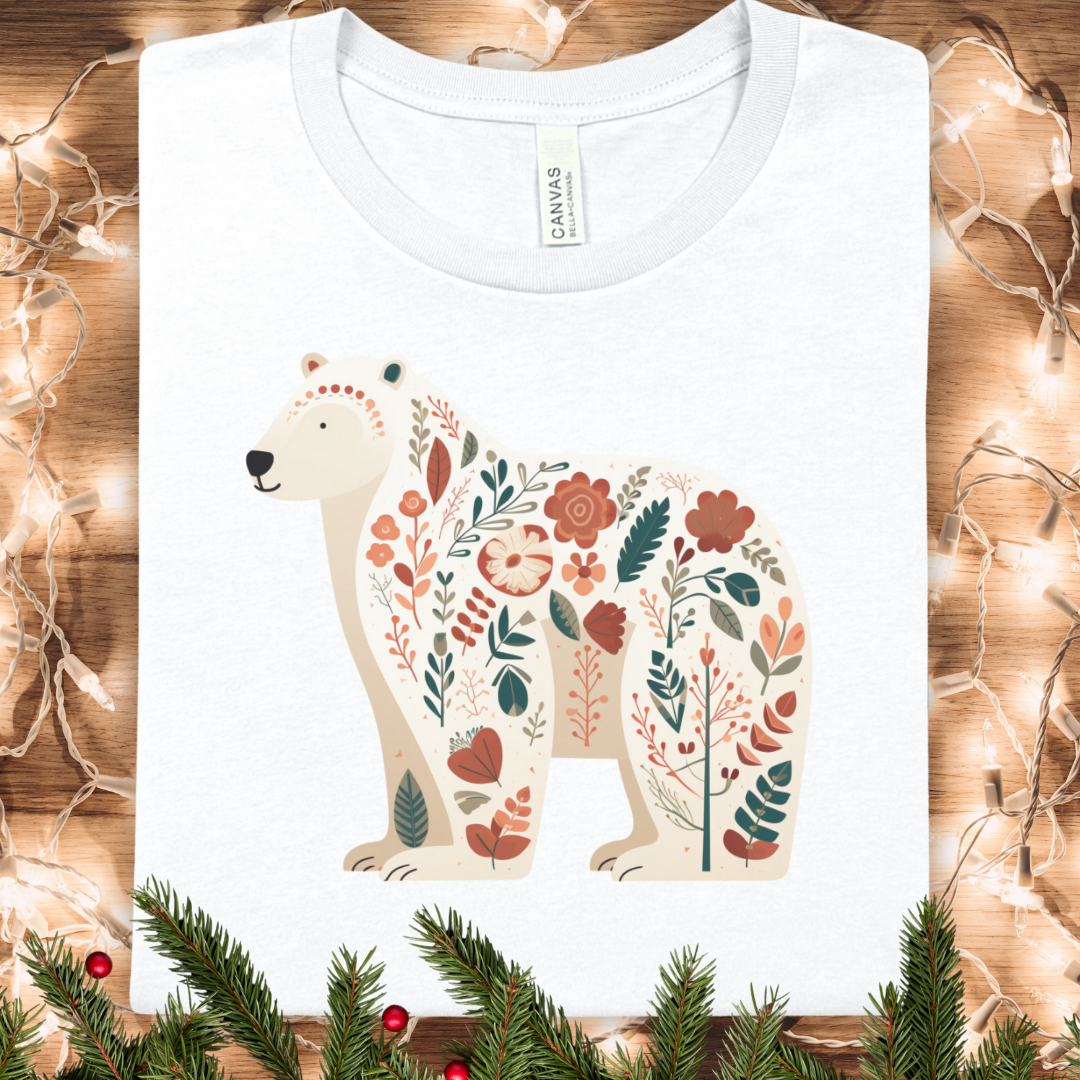Floral Folk Art Winter Bear T-Shirt — Whimsical Nature Graphic Tee