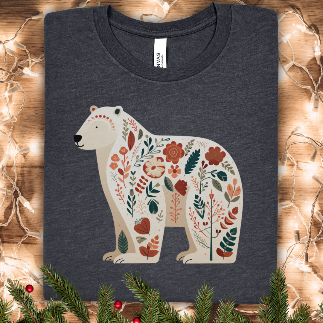 Floral Folk Art Winter Bear T-Shirt — Whimsical Nature Graphic Tee