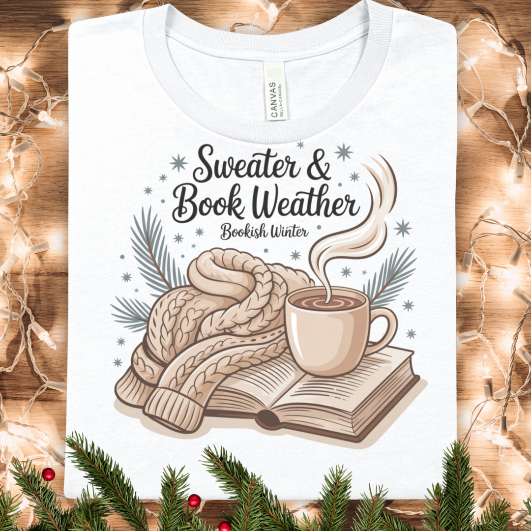 Sweater & Book Weather Winter T-Shirt — Cozy Reading Tee with Mug & Knit Sweater Design