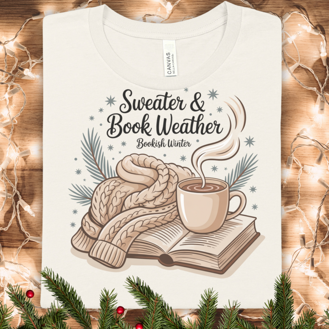 Sweater & Book Weather Winter T-Shirt — Cozy Reading Tee with Mug & Knit Sweater Design