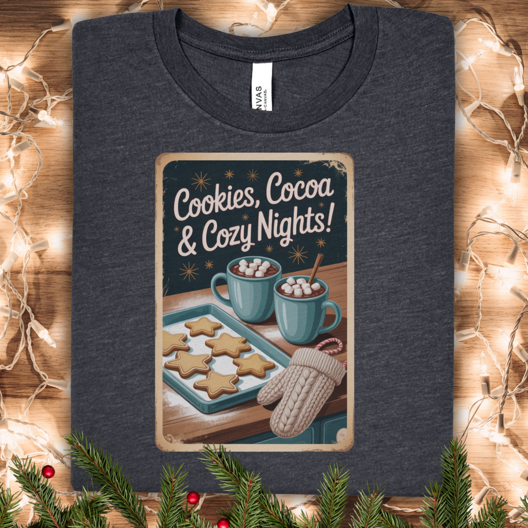 Cookies, Cocoa & Cozy Nights T-Shirt — Holiday Hot Chocolate & Cookie Graphic Tee