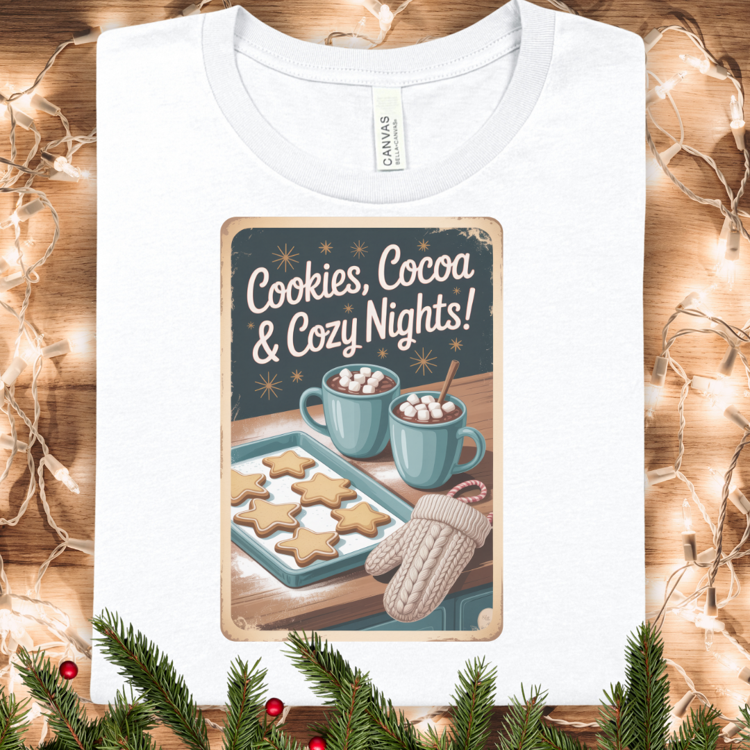 Cookies, Cocoa & Cozy Nights T-Shirt — Holiday Hot Chocolate & Cookie Graphic Tee