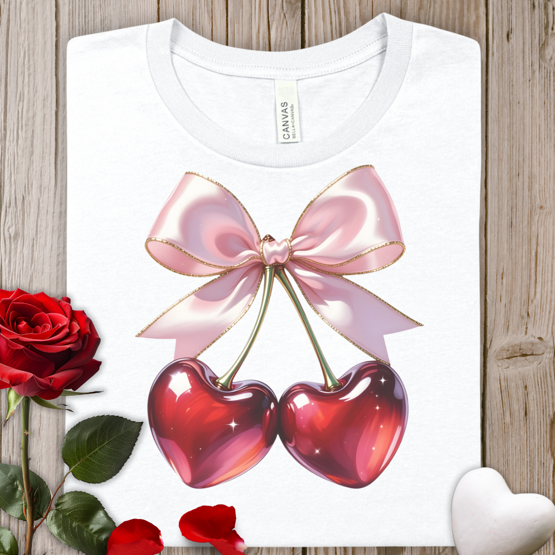 Cherry Heart Tee — Cute Bow Cherries Graphic T-Shirt