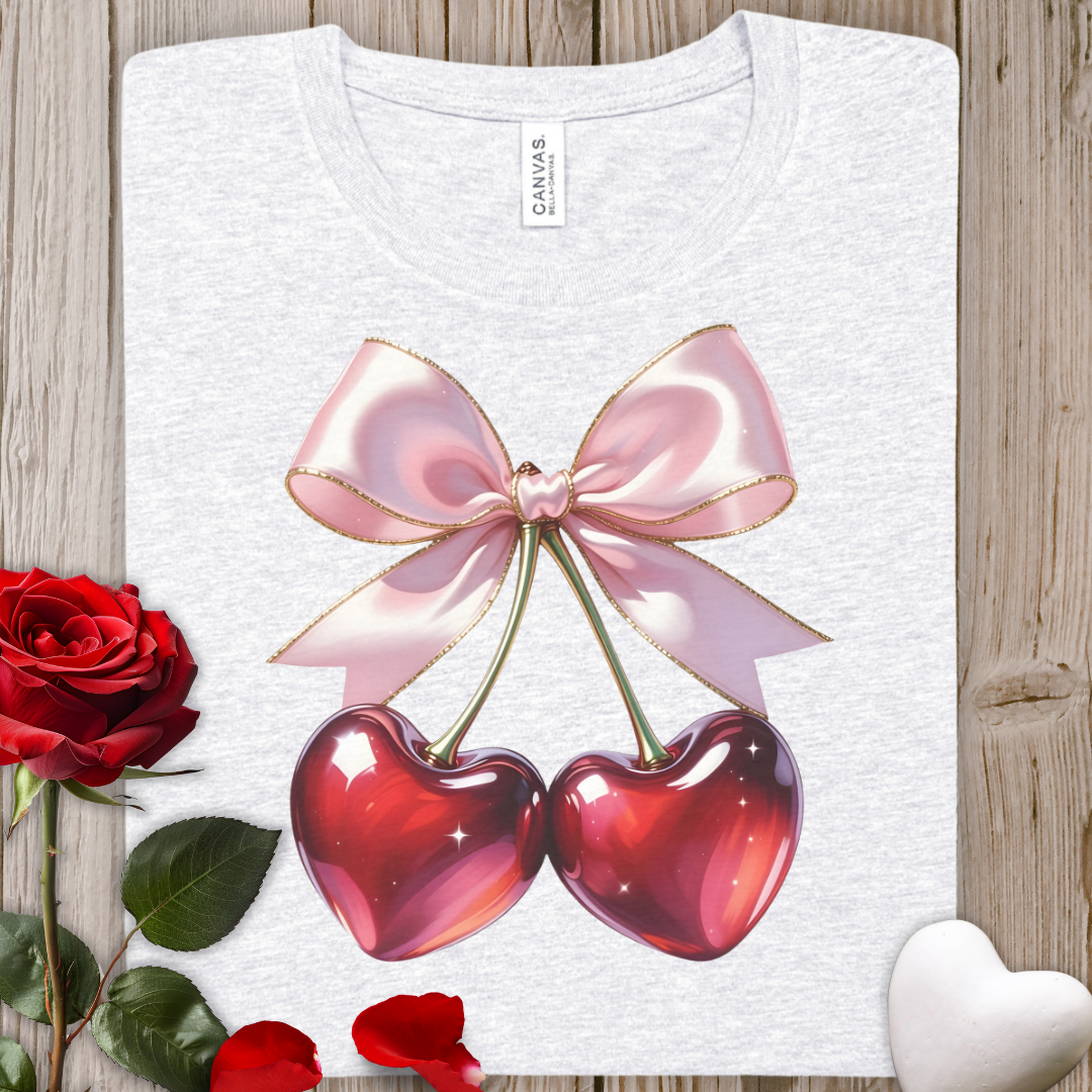 Cherry Heart Tee — Cute Bow Cherries Graphic T-Shirt