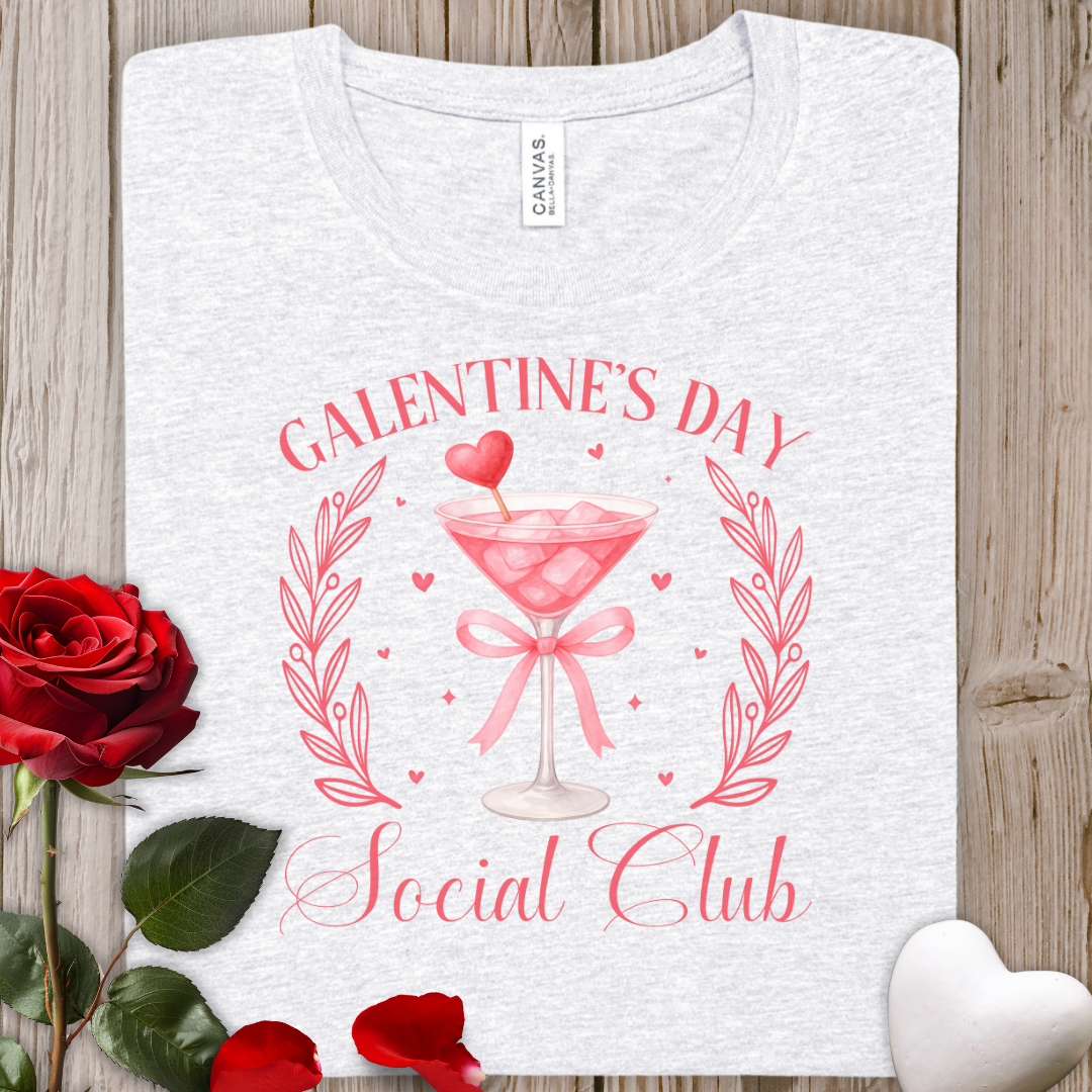 Galentine’s Day Social Club T‑Shirt — Pink Cocktail Ladies’ Celebration Tee