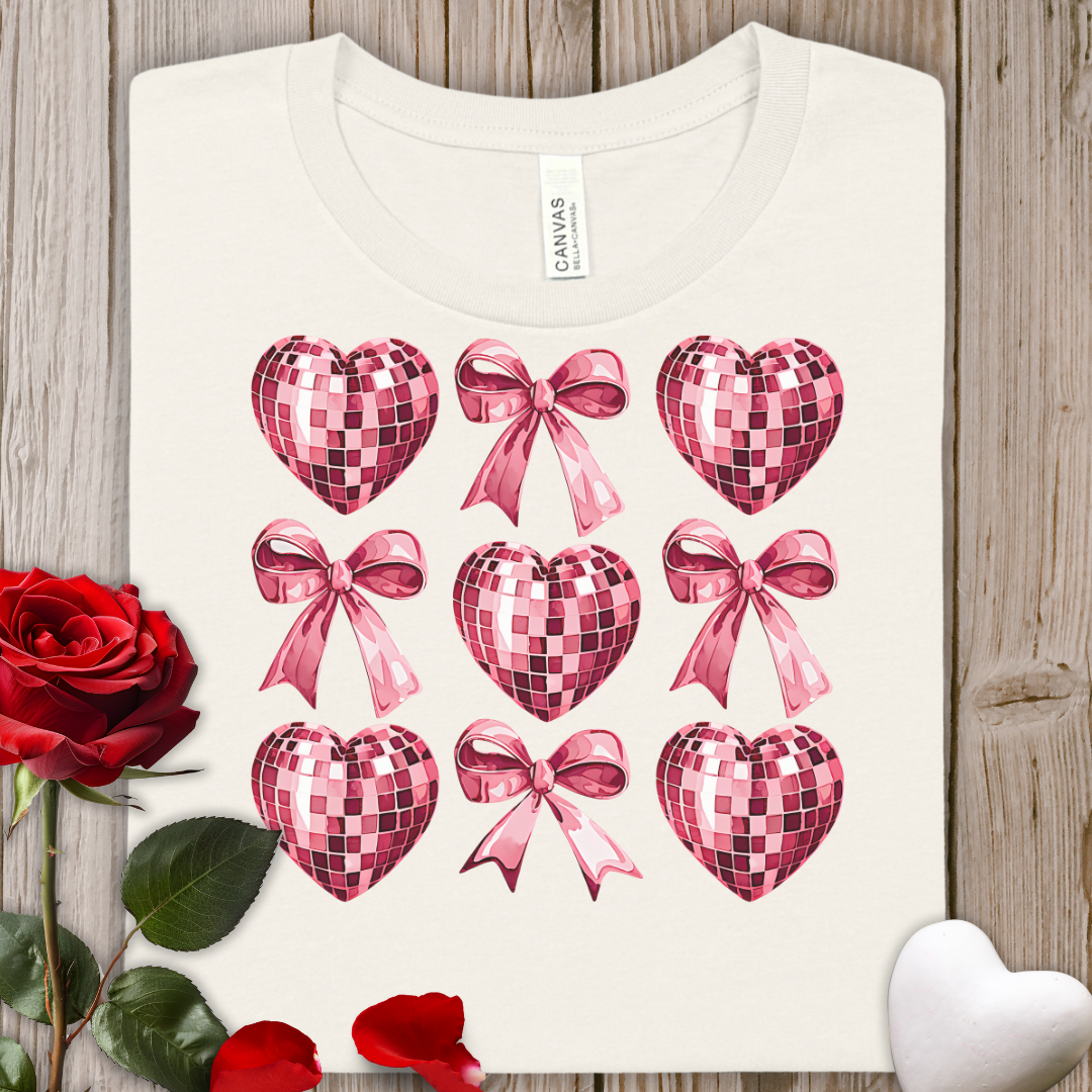 Valentine Heart Disco Ball & Bow Tee — Pink Sequin Hearts & Ribbon Graphic T-Shirt