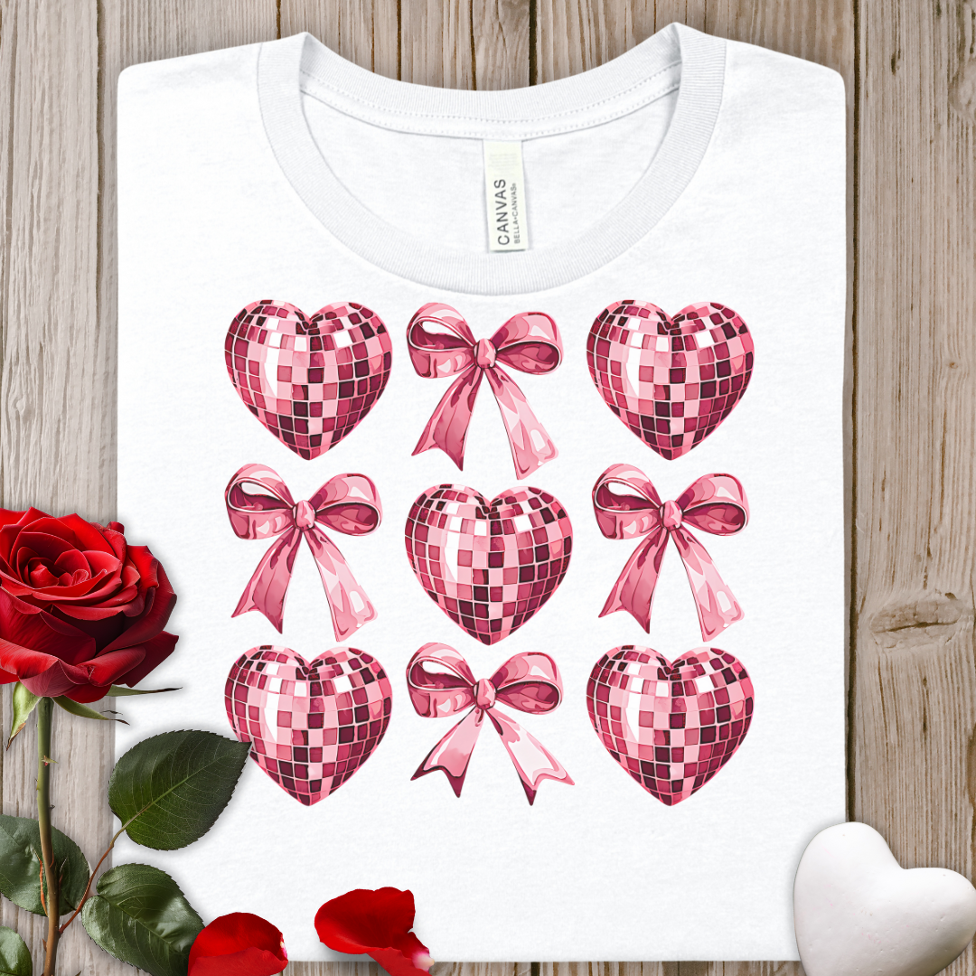 Valentine Heart Disco Ball & Bow Tee — Pink Sequin Hearts & Ribbon Graphic T-Shirt