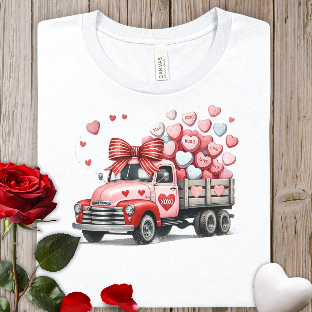 Valentine Vintage Truck Tee — Heart Balloon Pickup Shirt