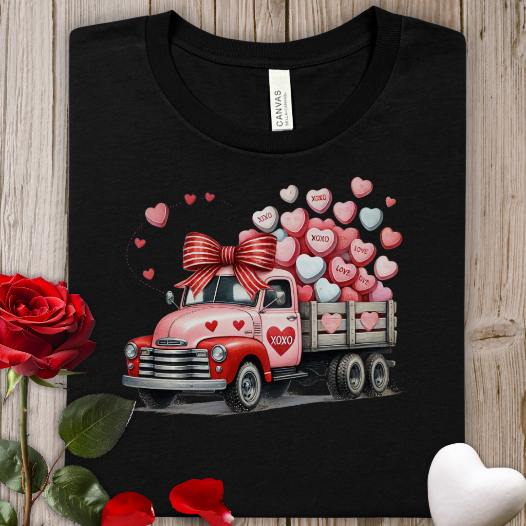 Valentine Vintage Truck Tee — Heart Balloon Pickup Shirt
