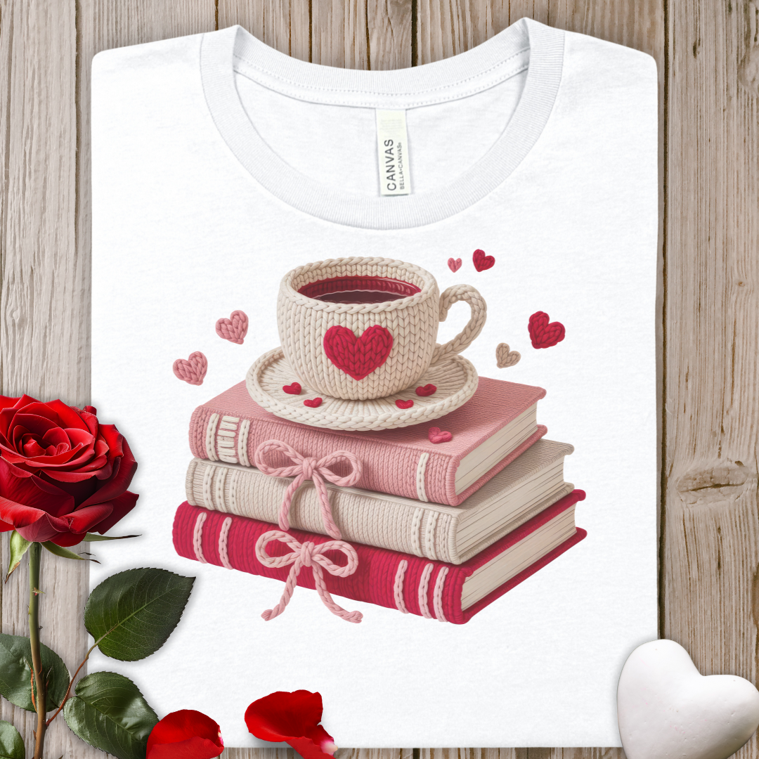 FAUX Crochet Book Lover Valentine's T-Shirt — Cozy Stack of Books with Heart Mug Design