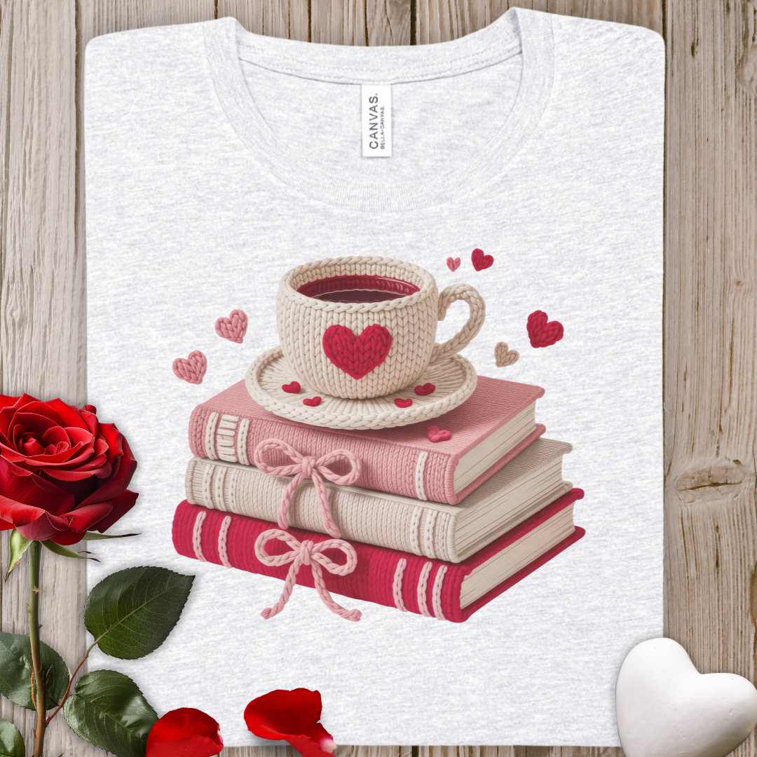 FAUX Crochet Book Lover Valentine's T-Shirt — Cozy Stack of Books with Heart Mug Design