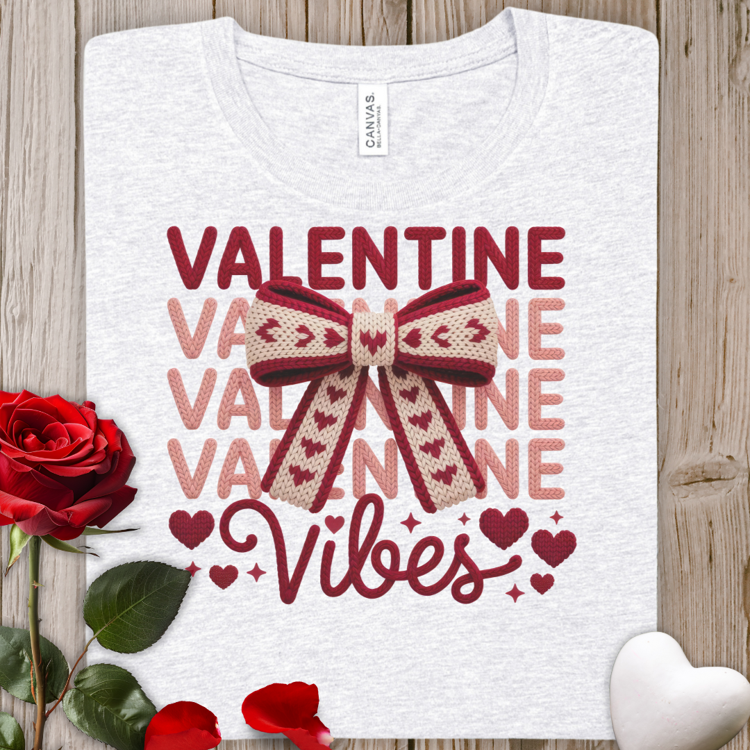 Valentine Vibes Tee — FAUX Crochet Cute Bow & Heart Valentine’s Day T‑Shirt