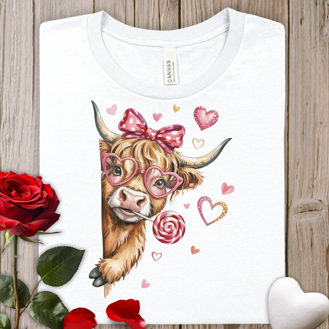 Highland Cow Valentine T-Shirt – Cute Cow with Heart Glasses & Candy Lollipop Tee