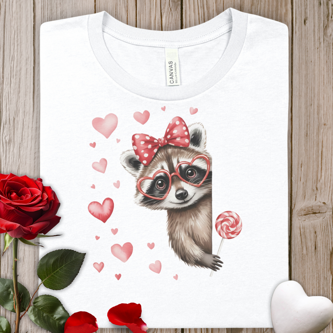 Raccoon Valentine Tee – Cute Hearts & Lollipop Graphic T-Shirt